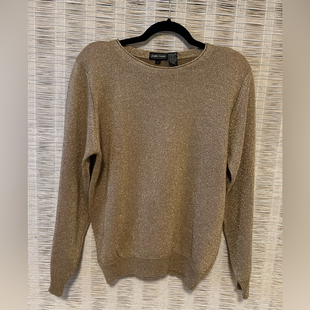 Vtg Jeanne PIerre Gold Metallic Lamb Wool Blend Knit Pullover Sweater, Ladies